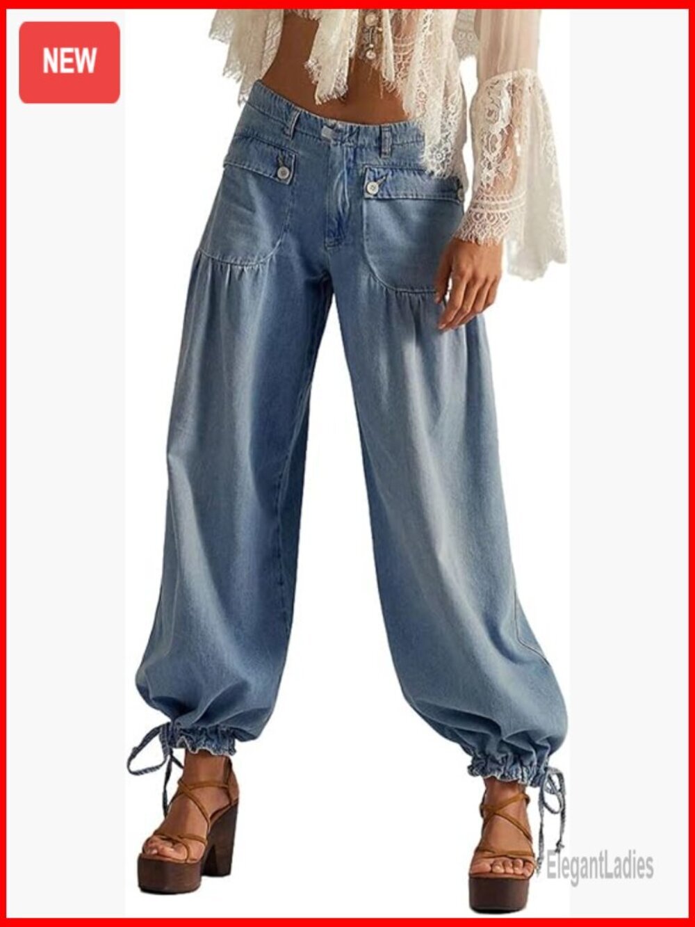 Baggy Harem Jeans Y2K Low Rise Adjustable Ankle Ties Straight Leg Denim Pants